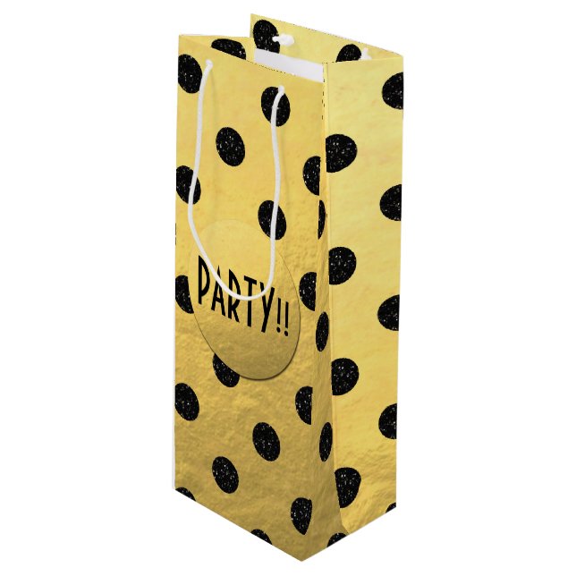 Black Glitter Dots New Year Wine Gift Bag, Glossy Wine Gift Bag (Front Angled)