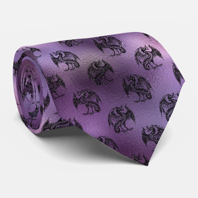 Black Glitter Dragon Pattern on Purple Background Tie (Rolled)