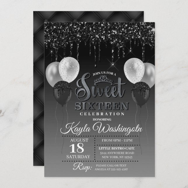 Black Glitter Drip Sweet Sixteen Birthday  Invitation (Front/Back)