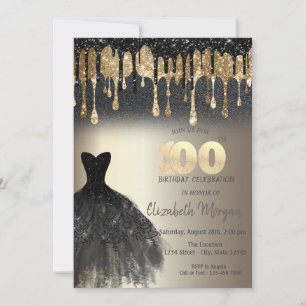 Black Glitter Drips Black Dress Gold 100th  Invitation