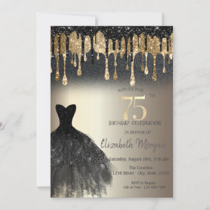 Black Glitter Drips Black Dress Gold 75th  Invitation
