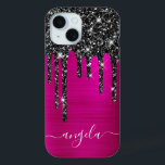 Black Glitter Drips Hot Pink Glam Signature iPhone 15 Case<br><div class="desc">Faux sparkly black glitter drips over hot pink brushed metal foil.
The modern girly signature features an elegant white calligraphy font with decorative tails. 
Customise the font styles to create your own phone gear.
A nice thank you gift for a bridesmaid in your wedding party.</div>