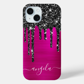 Black Glitter Drips Hot Pink Glam Signature iPhone 15 Case