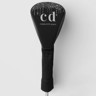 Black glitter drips monogram name golf head cover