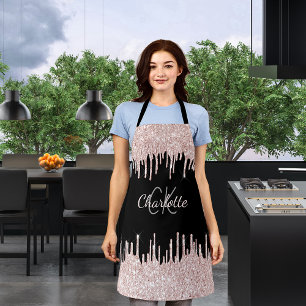 Black glitter drips rose gold girly monogram name  apron
