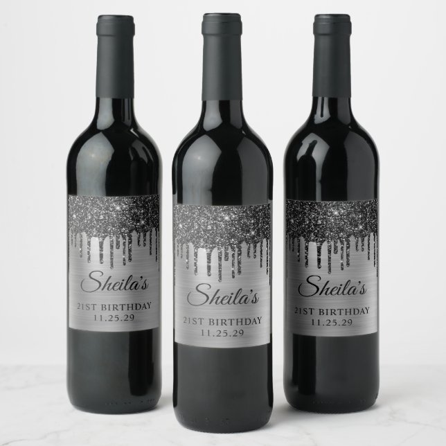 Black Glitter Drips Silver Foil 21st Birthday Wine Label (Bottles)