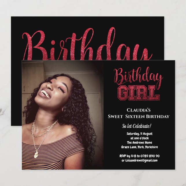 Black Glitter Elegant Birthday Girl Sweet 16 Photo Invitation (Front/Back)
