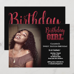 Black Glitter Elegant Birthday Girl Sweet 16 Photo Invitation