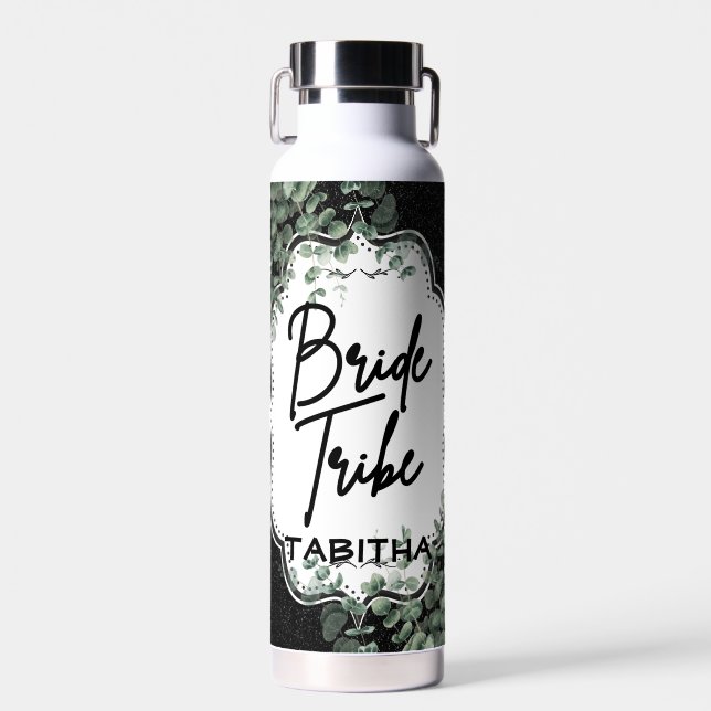 Black Glitter & Floral Eucalyptus "Bride Tribe"  Water Bottle (Front)