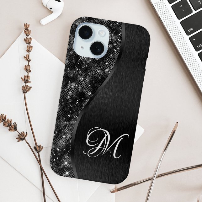 Black Glitter Glam Bling Personalised Metallic Case-Mate iPhone Case (Creator Uploaded)