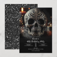 Black Glitter Glam Sparkle Skull Gothic Birthday