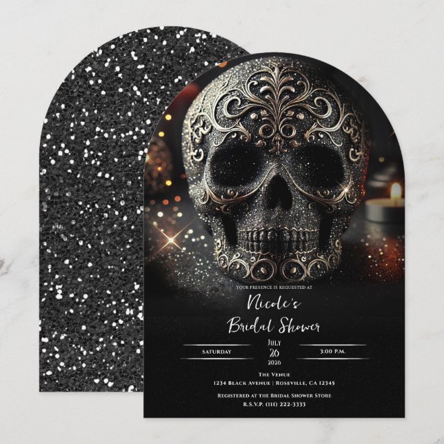 Black Glitter Glam Sparkle Skull Gothic Bridal Invitation (Front/Back)