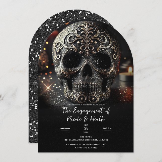 Black Glitter Glam Sparkle Skull Gothic Engagement Invitation (Front/Back)