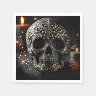 Black Glitter Glam Sparkle Skull Gothic  Napkin