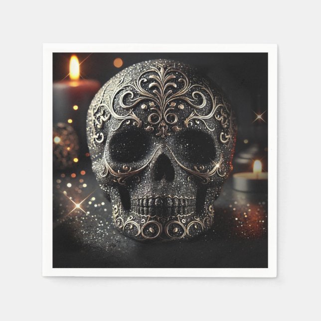 Black Glitter Glam Sparkle Skull Gothic  Napkin (Front)
