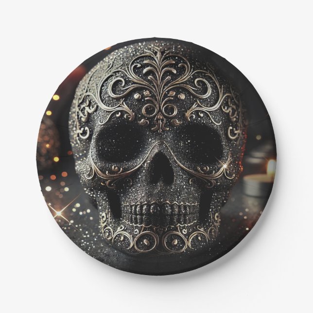 Black Glitter Glam Sparkle Skull Gothic  Paper Plate (Front)
