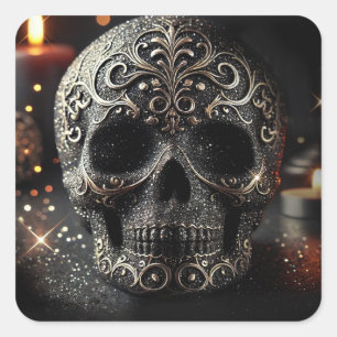 Black Glitter Glam Sparkle Skull Gothic  Square Sticker