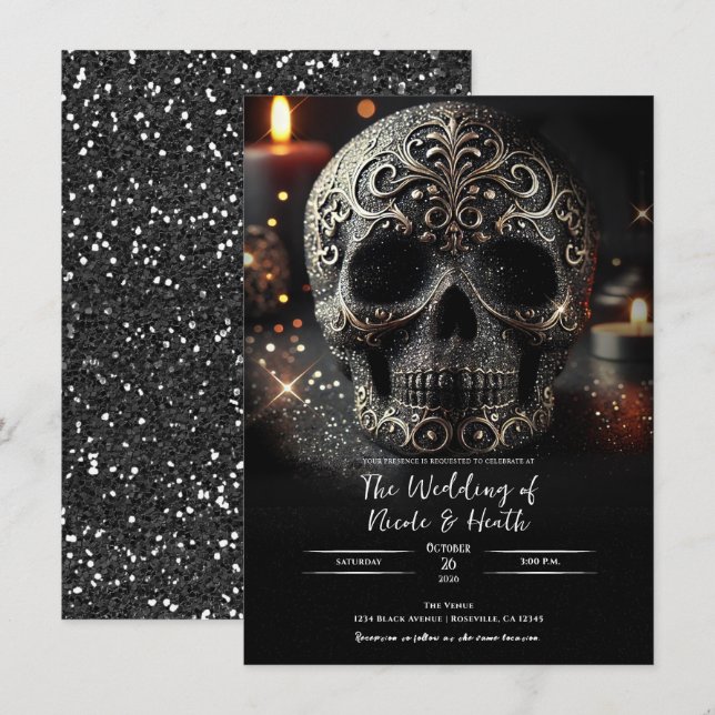 Black Glitter Glam Sparkle Skull Gothic Wedding Invitation (Front/Back)