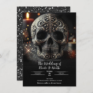 Black Glitter Glam Sparkle Skull Gothic Wedding Invitation