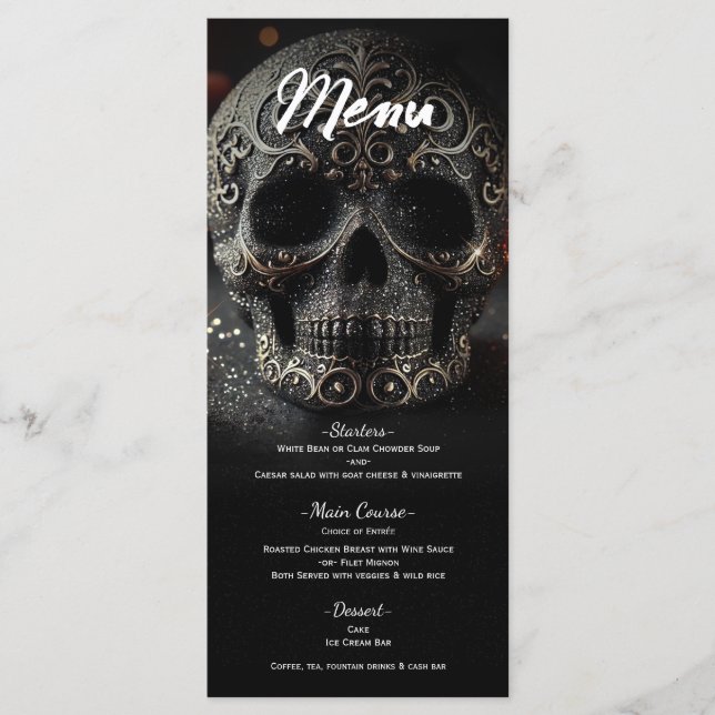 Black Glitter Glam Sparkle Skull Wedding Menu (Front)