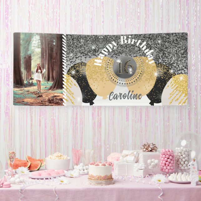 Black Glitter & Glitter Balloons Sweet 16 Birthday Banner (Party)