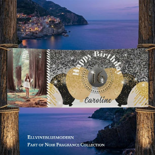 Black Glitter & Glitter Balloons Sweet 16 Birthday Banner