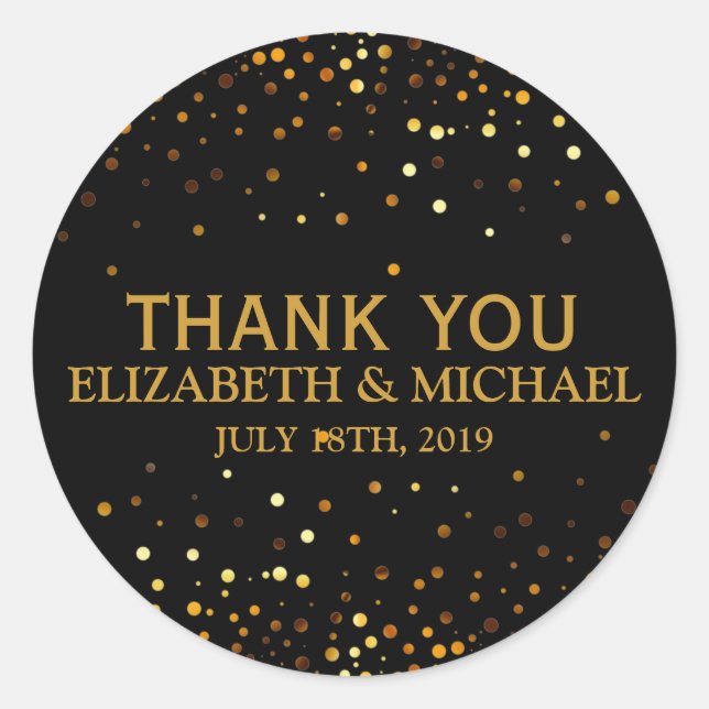 Black Glitter Gold Faux Confetti Wedding Thank You Classic Round Sticker (Front)