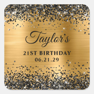 Black Glitter Gold Foil 21st Birthday Square Sticker
