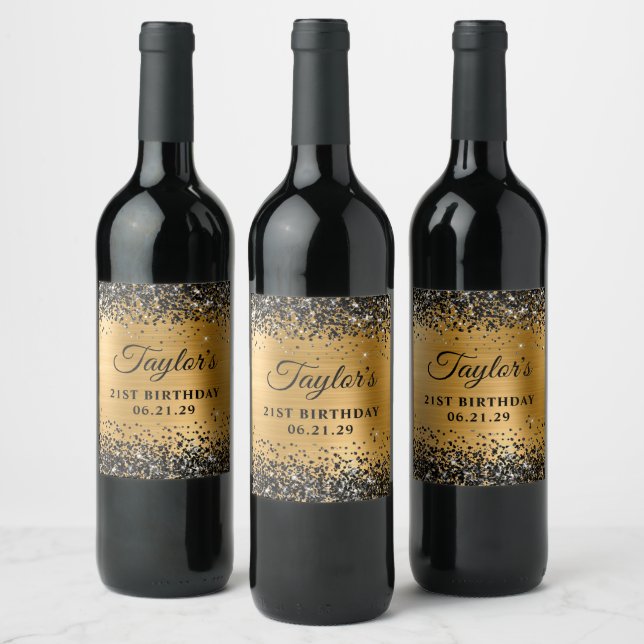 Black Glitter Gold Foil 21st Birthday Wine Label (Bottles)