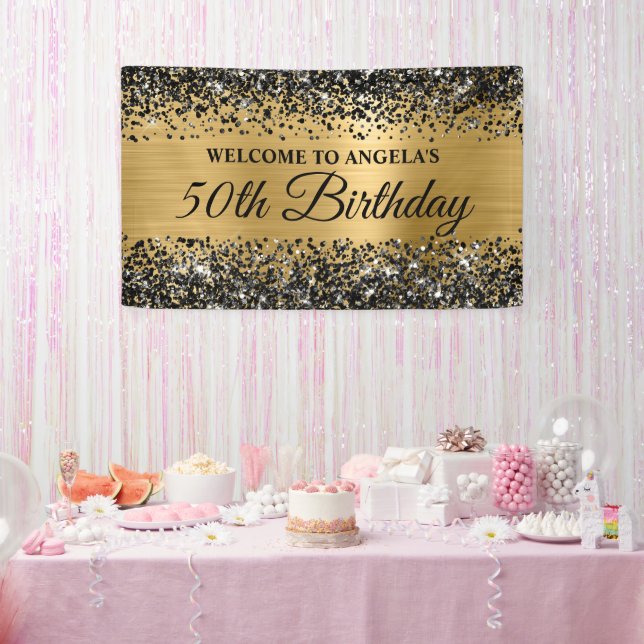 Black Glitter Gold Foil 50th Birthday Welcome Banner (Party)