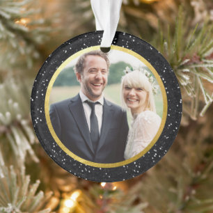 Black Glitter & Gold Holiday Photo Ornament