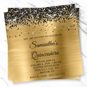 Black Glitter Gold Metallic Look Quinceanera Invitation
