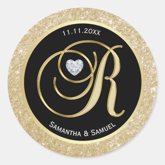Black Glitter Gold Monogram Letter R Wedding Seals (Front)