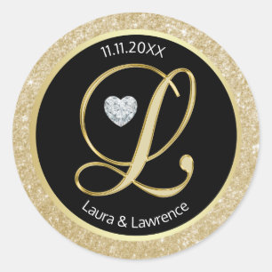 Black Glitter Gold Monogram Wedding Envelope Seals