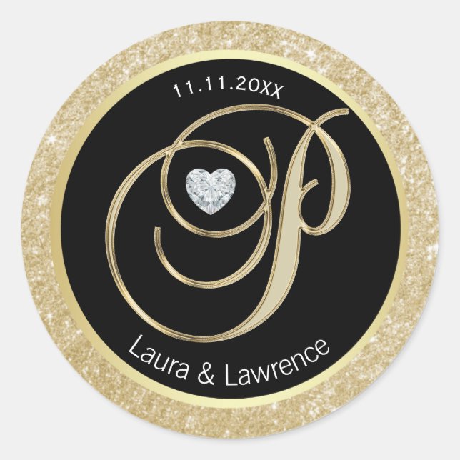 Black Glitter Gold Monogram Wedding Envelope Seals (Front)