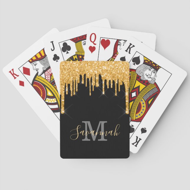 Black glitter gold sparkle monogram script playing cards (Back)