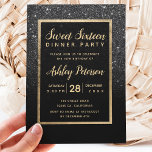 Black glitter gold typography Sweet 16 Invitation<br><div class="desc">A modern,  pretty chic and elegant faux gold and black glitter shower ombre with black colour block Sweet sixteen party invitation with black glitter ombre pattern fading onto a black background with and elegant gold frame Perfect for a sweet sixteen birthday party.</div>