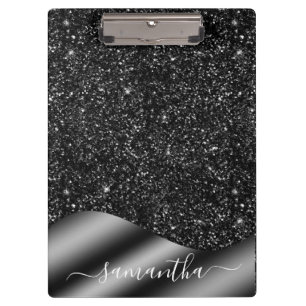 Black Glitter Handwritten Name Metal Monogram  Clipboard
