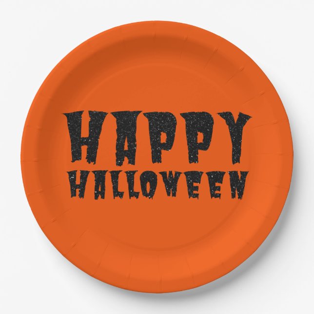 Black Glitter Happy Halloween Paper Plate (Front)