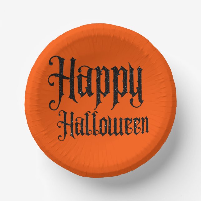 Black Glitter Happy Halloween Paper Plate (Front)