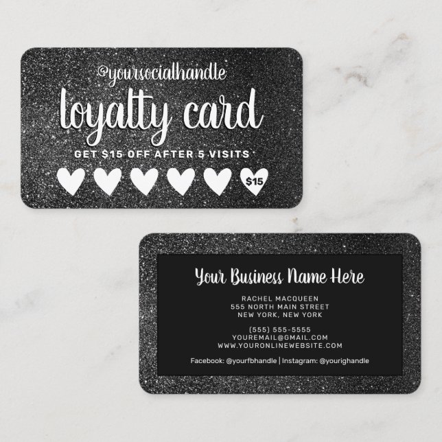 Black Glitter Hearts Customer Discount Social Loyalty Card (Front/Back)