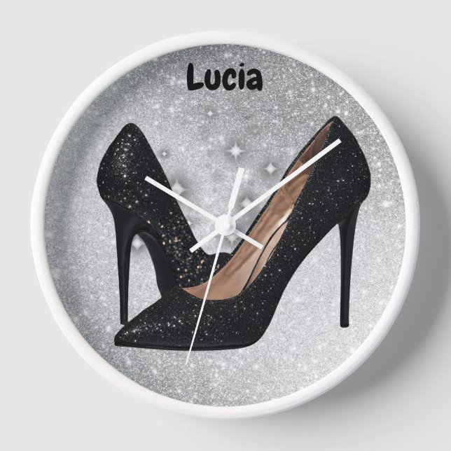 Black Glitter High Heel Shoe on Silver | Clock (Front)