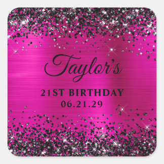Black Glitter Hot Pink Foil 21st Birthday Square Sticker