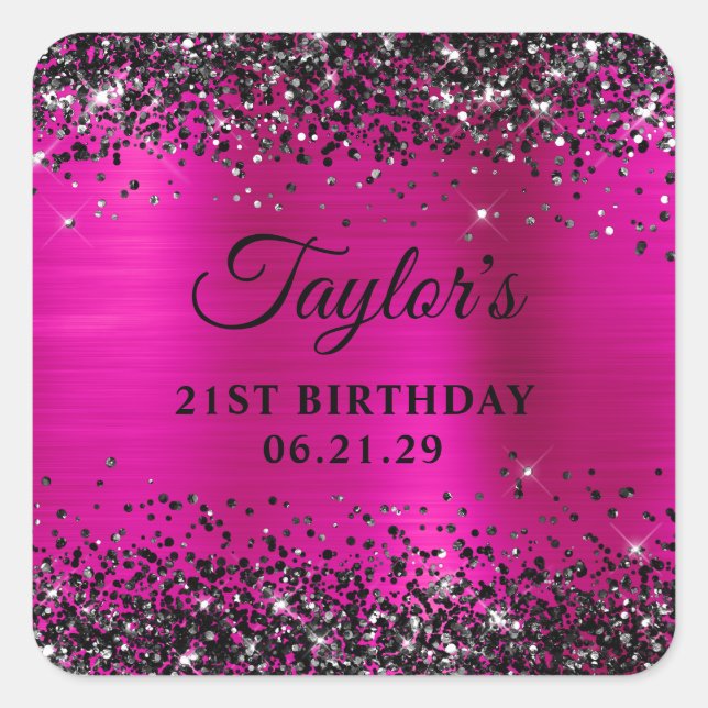 Black Glitter Hot Pink Foil 21st Birthday Square Sticker (Front)