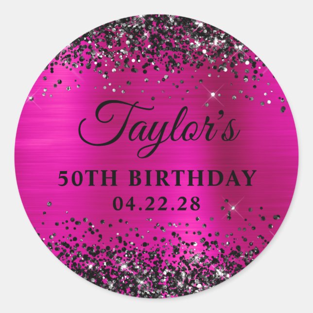 Black Glitter Hot Pink Foil 50th Birthday Classic Round Sticker (Front)