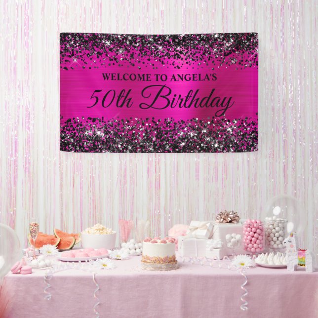 Black Glitter Hot Pink Foil 50th Birthday Welcome Banner (Party)