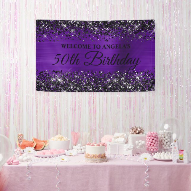 Black Glitter Indigo Purple 50th Birthday Welcome Banner (Party)
