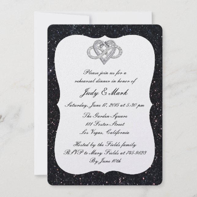 Black Glitter Infinity Heart Rehearsal Dinner Invitation (Front)