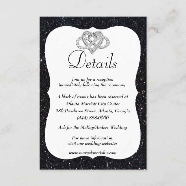 Black Glitter Infinity Heart Wedding Details Enclosure Card (Front)