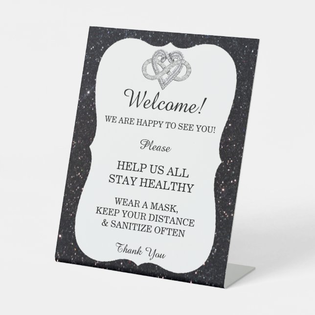 Black Glitter Infinity Heart Wedding Safety  Pedestal Sign (Front)